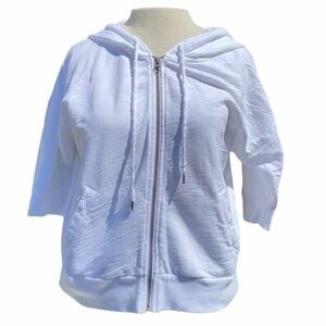 Loft white zip up jacket with a hood, 3/4 sleeves